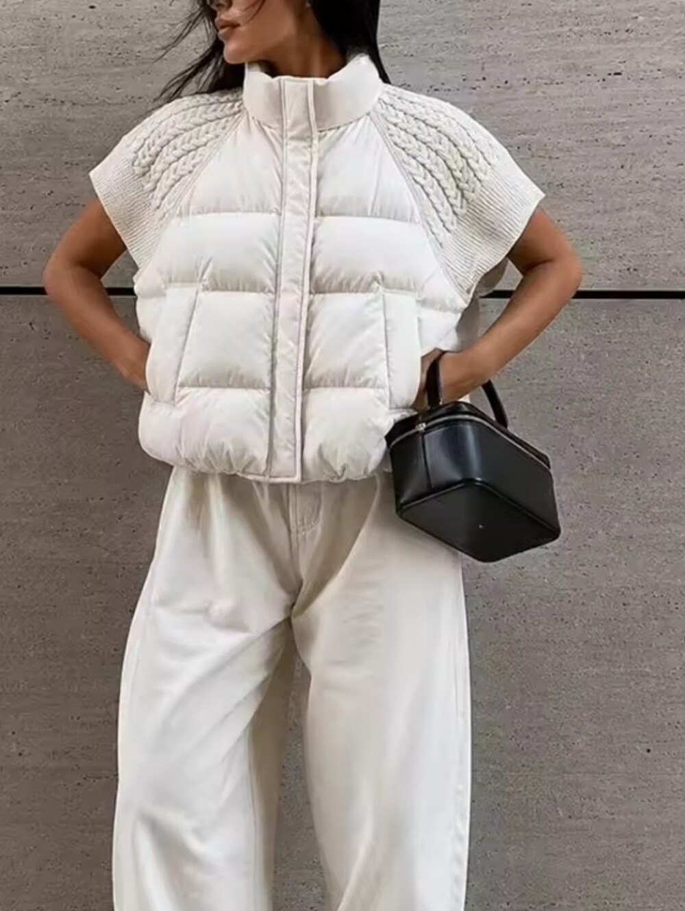 Women Chic Padded Vest Stand Collar Zipper Knit Short Sleeve Patchwork